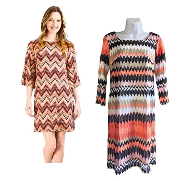 SANDRA DARREN Coral Black & Tan Chevron Eyelet 3/4 Sleeve Mini Dress Size 6 - Picture 1 of 6